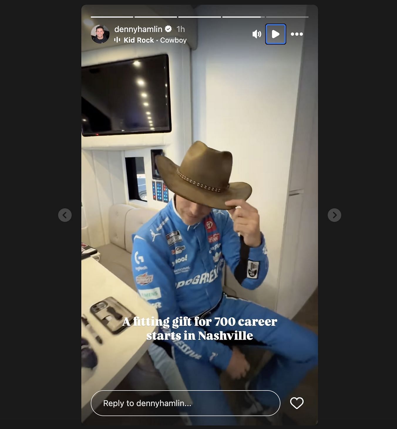 Denny Hamlin's instagram story revealing his gift for 700th career start. Source:@Instagram/dennyhamlin
